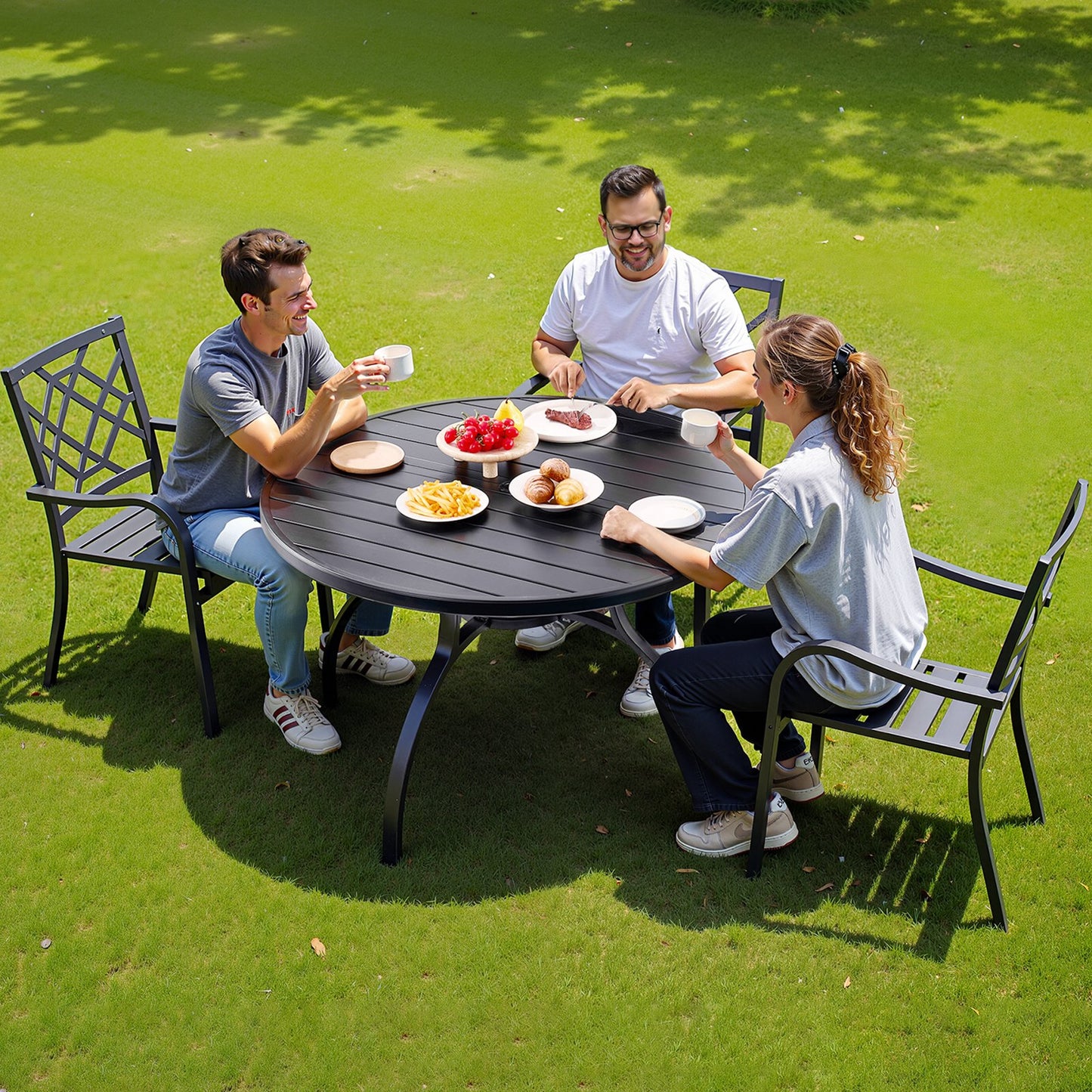 Outdoor Patio Dining Table, 47 inch Round Metal Steel Slat Backyard Bistro Tables, with 1.5 in Umbrella Hole, Outside All-Weather Large Furniture for Lawn Garden Porch, Black