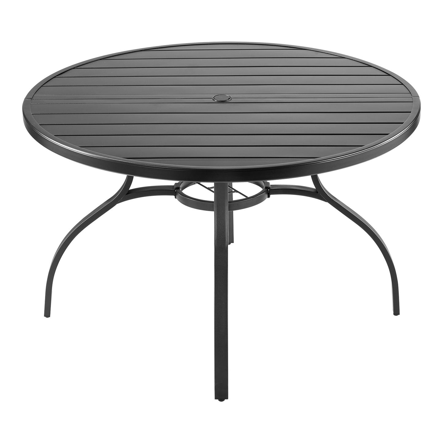 Outdoor Patio Dining Table, 47 inch Round Metal Steel Slat Backyard Bistro Tables, with 1.5 in Umbrella Hole, Outside All-Weather Large Furniture for Lawn Garden Porch, Black