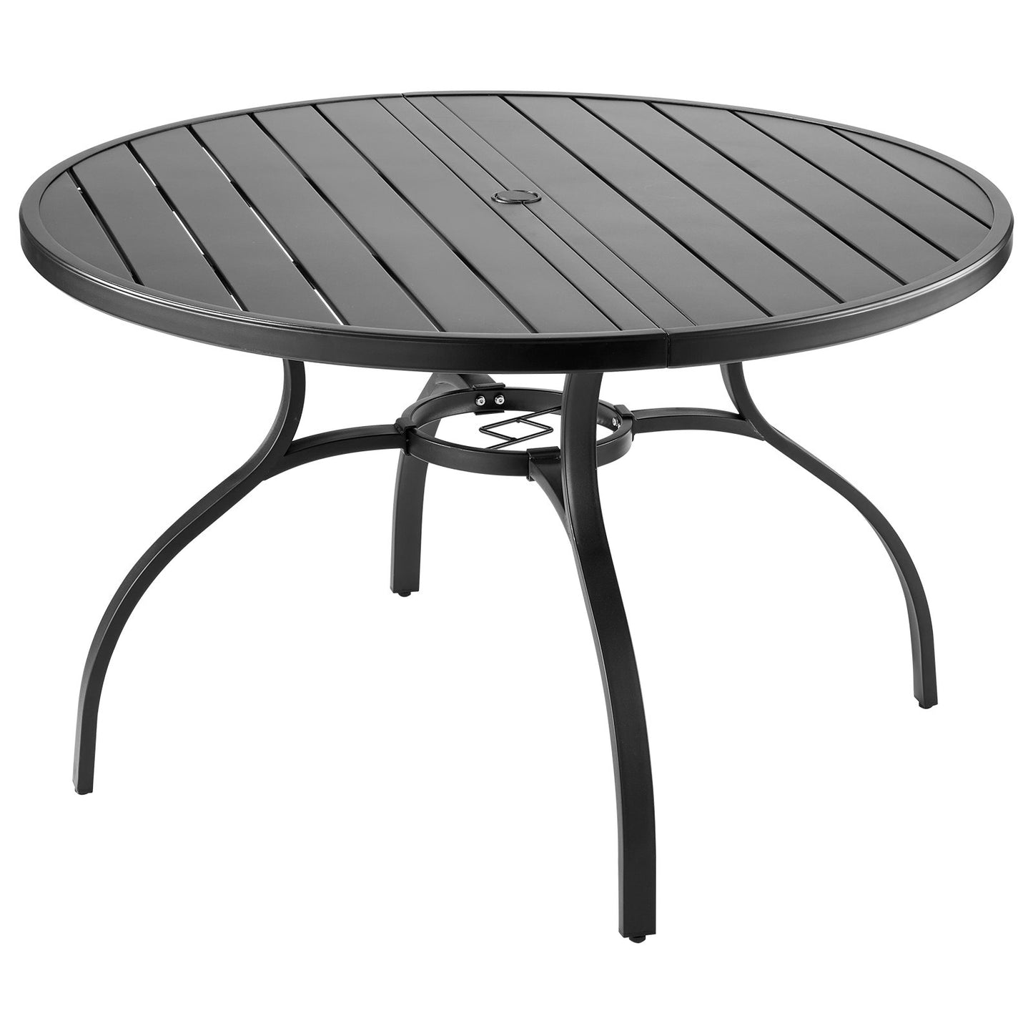 Outdoor Patio Dining Table, 47 inch Round Metal Steel Slat Backyard Bistro Tables, with 1.5 in Umbrella Hole, Outside All-Weather Large Furniture for Lawn Garden Porch, Black