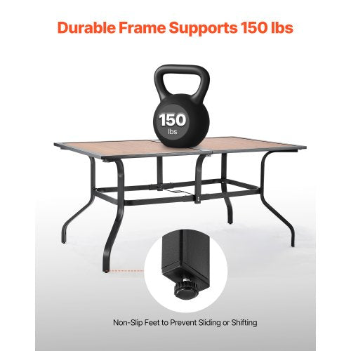 Matbord för utomhusbruk, 150 cm långt rektangulärt bistrobord i träliknande stål för 4-6 personer, med 38 mm paraplyhål, stora vädertåliga möbler för gräsmatta/veranda, brunt |  EU