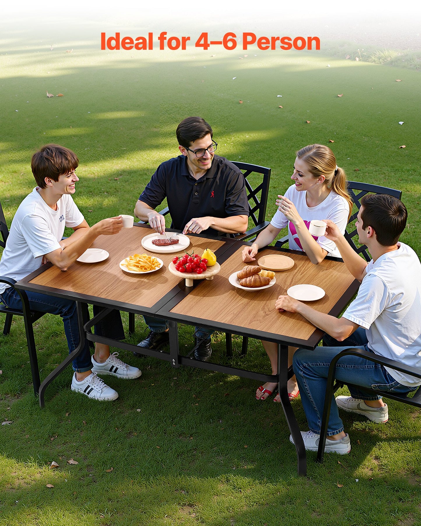 Outdoor Patio Dining Table, 59 inch Long Rectangular Wood-Like Steel Slat Backyard Bistro Tables for 4-6, with 1.5 in Umbrella Hole, All-Weather Large Furniture for Lawn Garden Porch, Brown