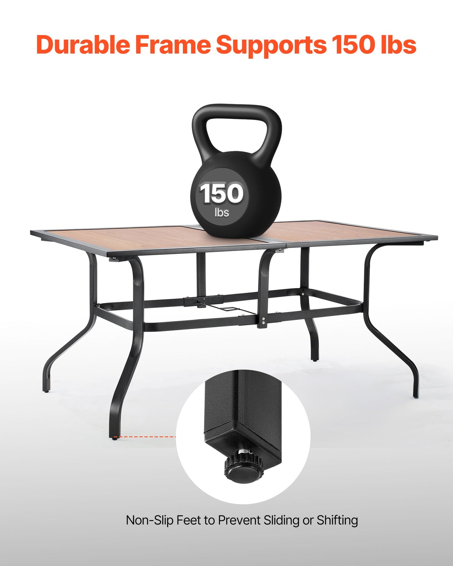 Outdoor Patio Dining Table, 59 inch Long Rectangular Wood-Like Steel Slat Backyard Bistro Tables for 4-6, with 1.5 in Umbrella Hole, All-Weather Large Furniture for Lawn Garden Porch, Brown