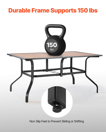 Outdoor Patio Dining Table, 59 inch Long Rectangular Wood-Like Steel Slat Backyard Bistro Tables for 4-6, with 1.5 in Umbrella Hole, All-Weather Large Furniture for Lawn Garden Porch, Brown