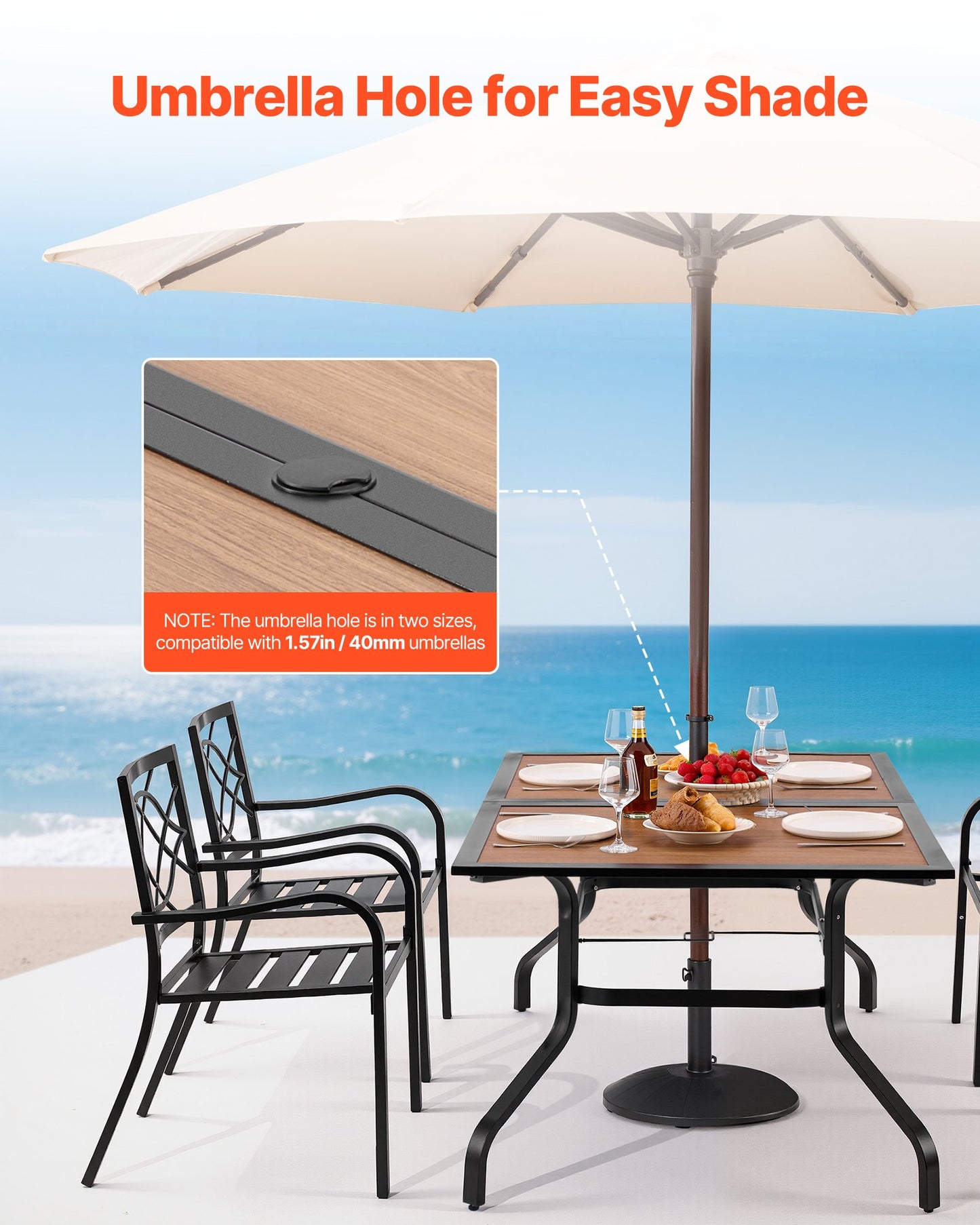 Outdoor Patio Dining Table, 59 inch Long Rectangular Wood-Like Steel Slat Backyard Bistro Tables for 4-6, with 1.5 in Umbrella Hole, All-Weather Large Furniture for Lawn Garden Porch, Brown