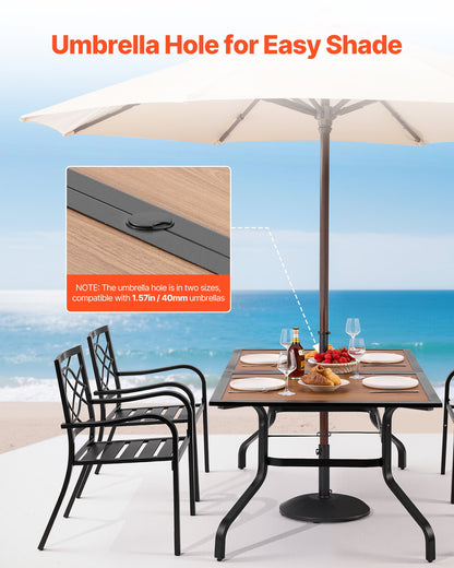 Outdoor Patio Dining Table, 59 inch Long Rectangular Wood-Like Steel Slat Backyard Bistro Tables for 4-6, with 1.5 in Umbrella Hole, All-Weather Large Furniture for Lawn Garden Porch, Brown