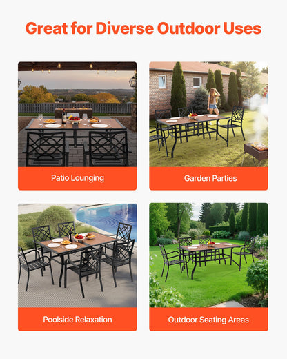 Outdoor Patio Dining Table, 59 inch Long Rectangular Wood-Like Steel Slat Backyard Bistro Tables for 4-6, with 1.5 in Umbrella Hole, All-Weather Large Furniture for Lawn Garden Porch, Brown