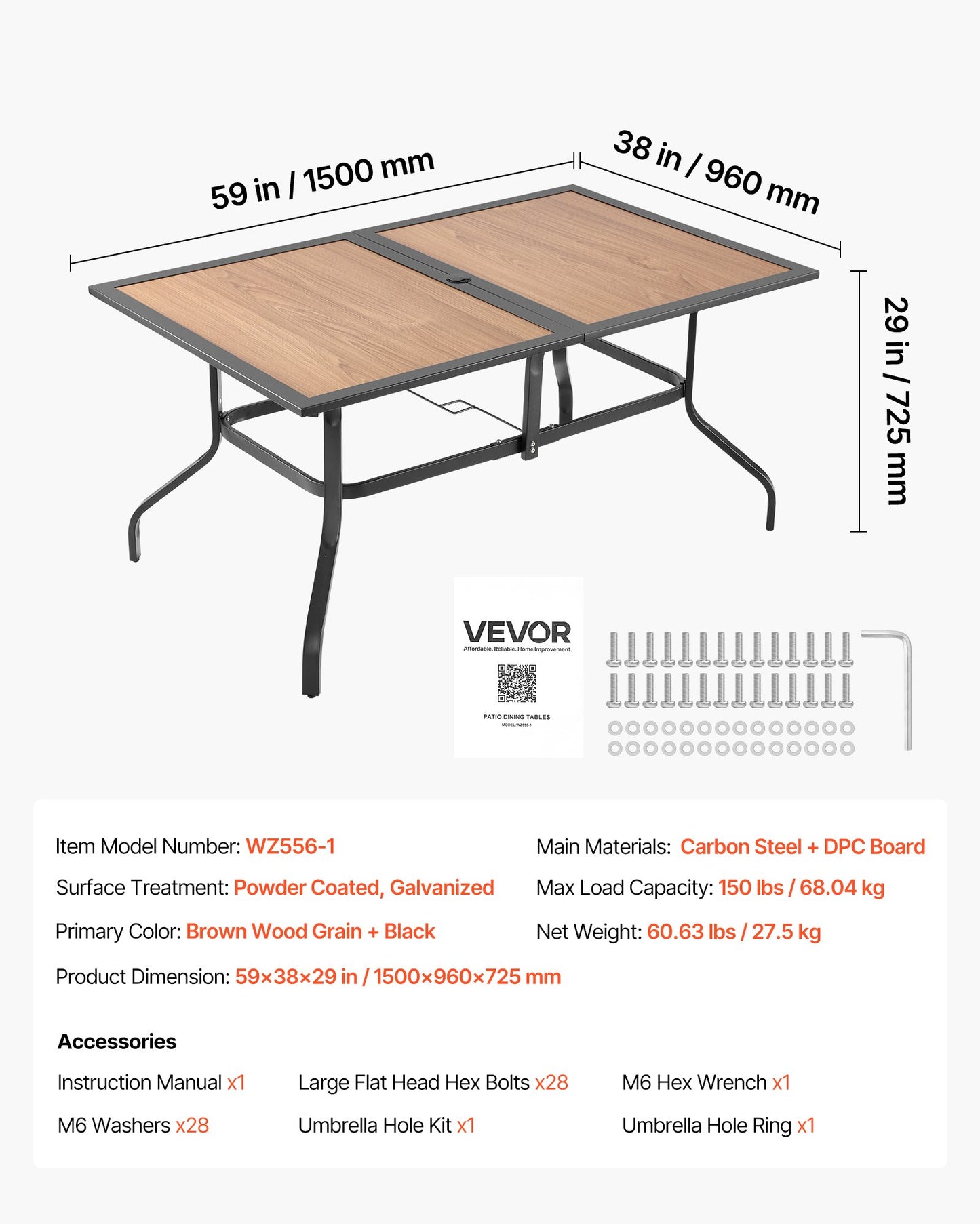 Outdoor Patio Dining Table, 59 inch Long Rectangular Wood-Like Steel Slat Backyard Bistro Tables for 4-6, with 1.5 in Umbrella Hole, All-Weather Large Furniture for Lawn Garden Porch, Brown
