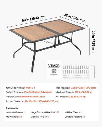 Outdoor Patio Dining Table, 59 inch Long Rectangular Wood-Like Steel Slat Backyard Bistro Tables for 4-6, with 1.5 in Umbrella Hole, All-Weather Large Furniture for Lawn Garden Porch, Brown