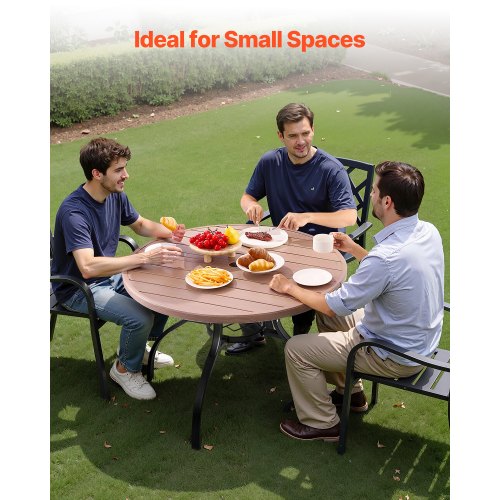 Matbord för utomhusbruk, 103 cm runt träliknande stålribbor för 4 personer, med 38 mm paraplyhål, stora utomhusmöbler i alla väder för gräsmatta/veranda, grå |  EU