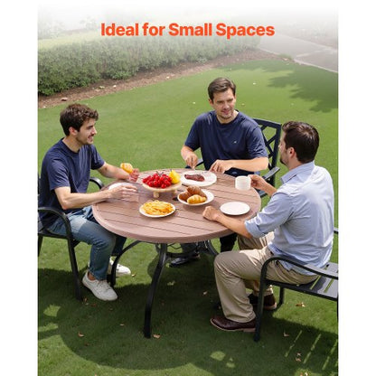 Matbord för utomhusbruk, 103 cm runt träliknande stålribbor för 4 personer, med 38 mm paraplyhål, stora utomhusmöbler i alla väder för gräsmatta/veranda, grå |  EU