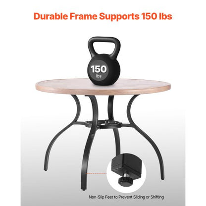 Matbord för utomhusbruk, 103 cm runt träliknande stålribbor för 4 personer, med 38 mm paraplyhål, stora utomhusmöbler i alla väder för gräsmatta/veranda, grå |  EU