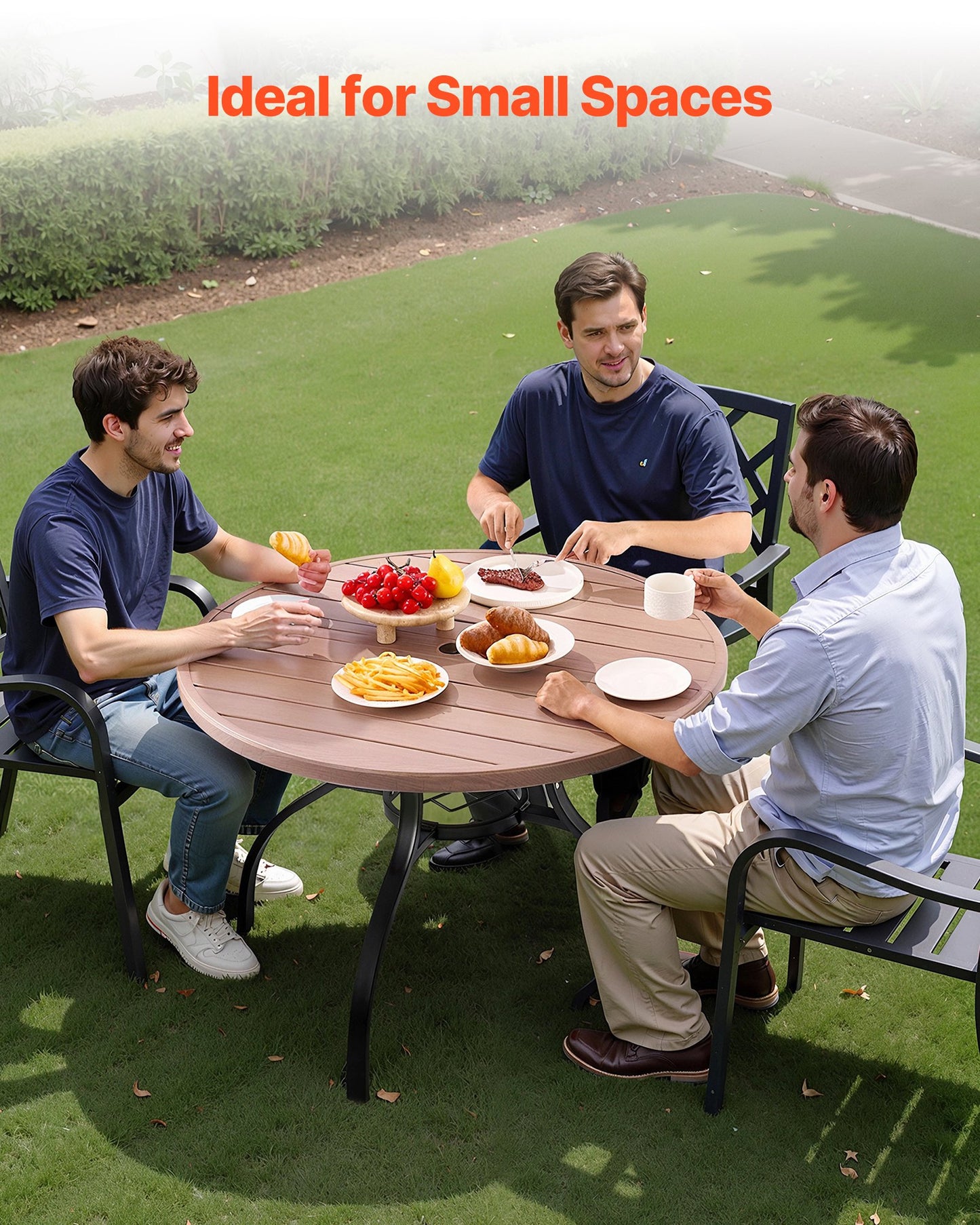 Outdoor Patio Dining Table, 41 inch Round Wood-Like Steel Slat Backyard Bistro Coffee Tables for 4, with 1.5 in Umbrella Hole, Outside All-Weather Large Furniture for Lawn Garden Porch, Gray