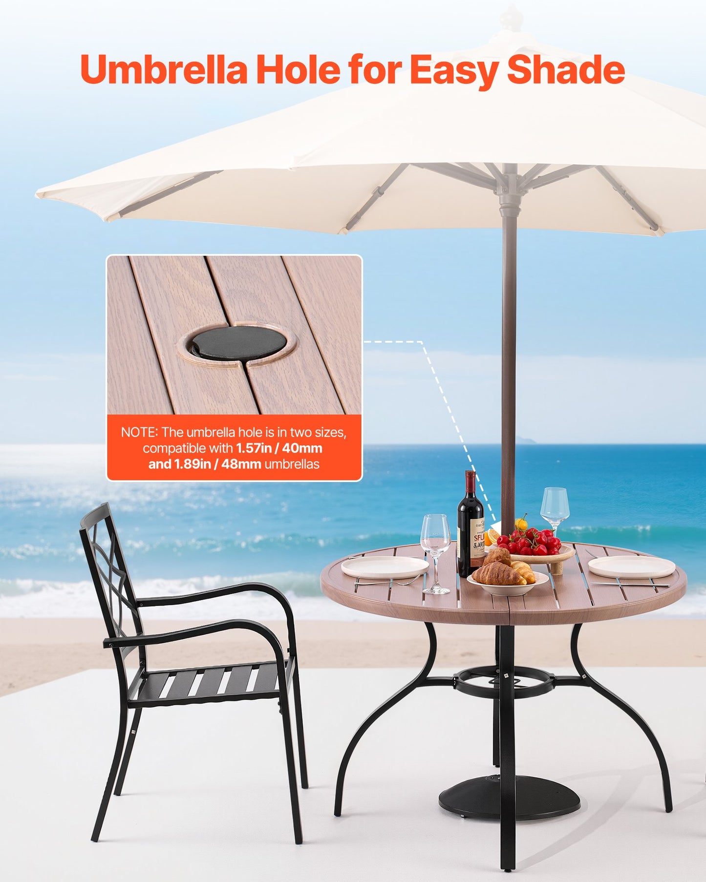 Outdoor Patio Dining Table, 41 inch Round Wood-Like Steel Slat Backyard Bistro Coffee Tables for 4, with 1.5 in Umbrella Hole, Outside All-Weather Large Furniture for Lawn Garden Porch, Gray