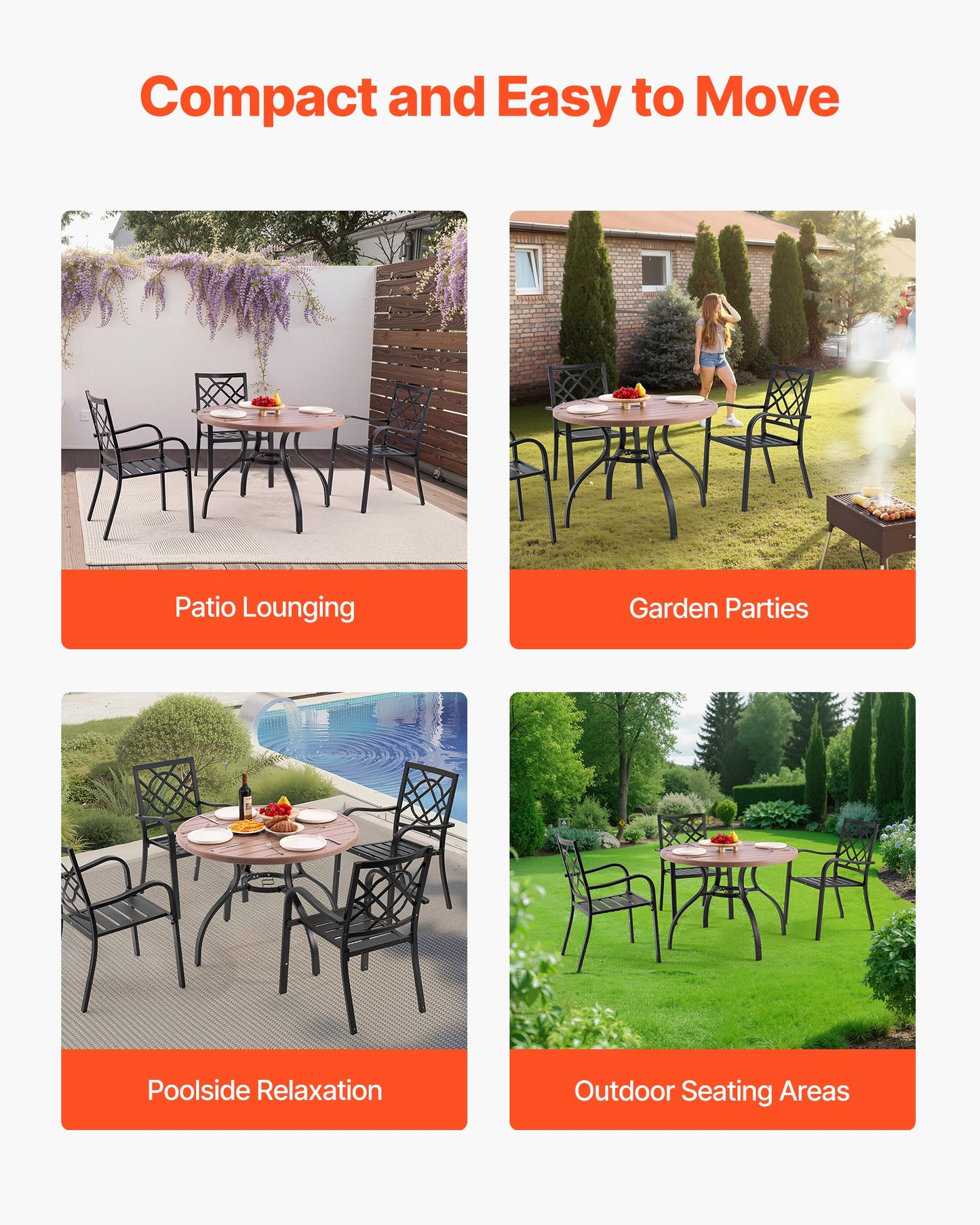 Outdoor Patio Dining Table, 41 inch Round Wood-Like Steel Slat Backyard Bistro Coffee Tables for 4, with 1.5 in Umbrella Hole, Outside All-Weather Large Furniture for Lawn Garden Porch, Gray