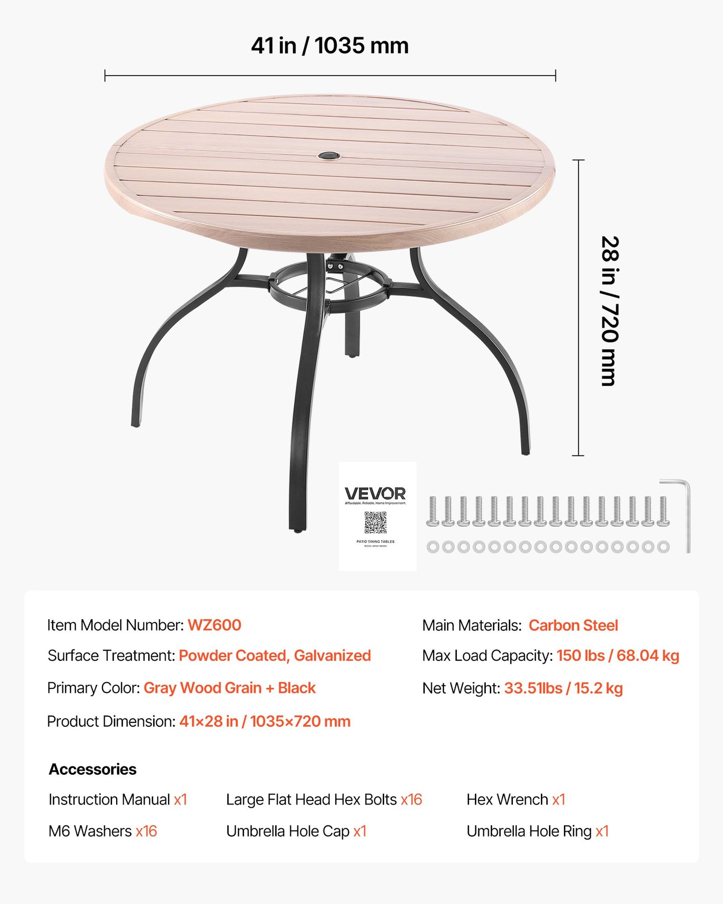 Outdoor Patio Dining Table, 41 inch Round Wood-Like Steel Slat Backyard Bistro Coffee Tables for 4, with 1.5 in Umbrella Hole, Outside All-Weather Large Furniture for Lawn Garden Porch, Gray