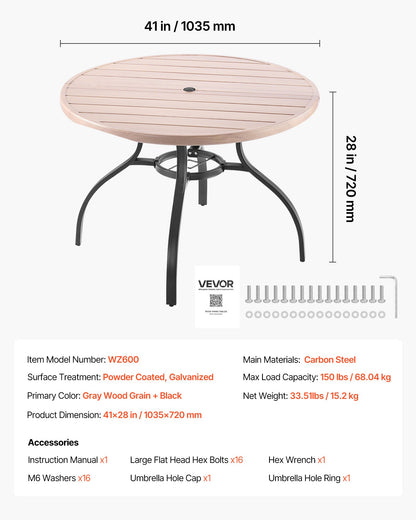 Outdoor Patio Dining Table, 41 inch Round Wood-Like Steel Slat Backyard Bistro Coffee Tables for 4, with 1.5 in Umbrella Hole, Outside All-Weather Large Furniture for Lawn Garden Porch, Gray