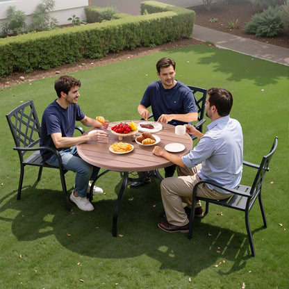 Outdoor Patio Dining Table, 41 inch Round Wood-Like Steel Slat Backyard Bistro Coffee Tables for 4, with 1.5 in Umbrella Hole, Outside All-Weather Large Furniture for Lawn Garden Porch, Gray