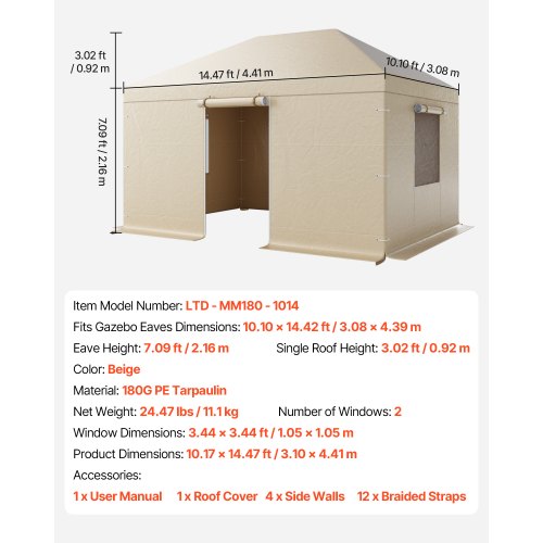 Vinterpaviljongöverdrag passar 3,08 x 4,39 m paviljonger med hård tak, allväderspaviljongöverdrag med sidoväggar och fönster, högdensitets PE-material, slutna förvaringsskydd, paviljonger ingår ej |  EU