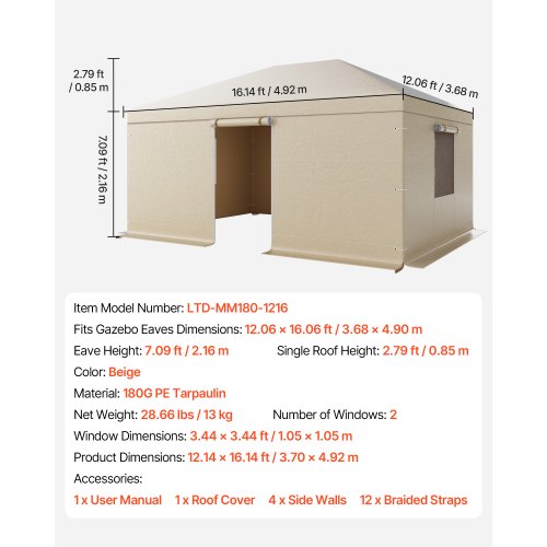 Vinterpaviljongöverdrag passar 3,68 x 4,9 m paviljonger med hård tak, allväderspaviljongöverdrag med sidoväggar och fönster, högdensitets PE-material, slutna förvaringsskydd, paviljonger ingår ej |  EU