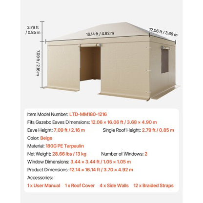 Vinterpaviljongöverdrag passar 3,68 x 4,9 m paviljonger med hård tak, allväderspaviljongöverdrag med sidoväggar och fönster, högdensitets PE-material, slutna förvaringsskydd, paviljonger ingår ej |  EU