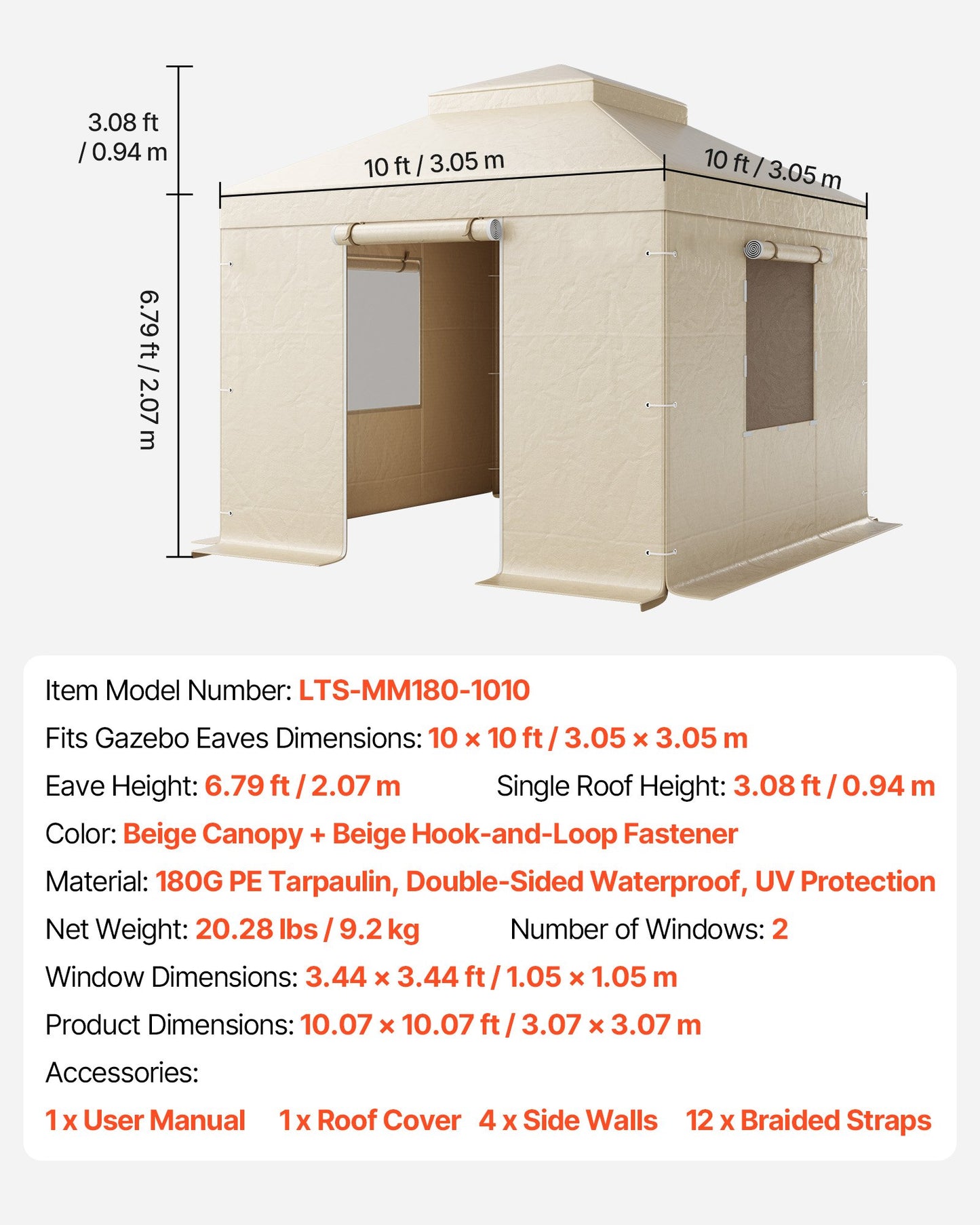 Winter Gazebo Cover Fits 10 x 10 ft Hardtop Gazebos, All-Weather Double-Tiered Gazebo Cover with Sidewalls & Mesh Windows, High-Density PE Enclosed Storage Shelter Covers, Gazebos not Included