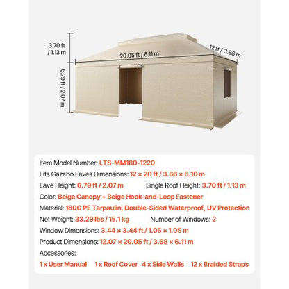 Vinterpaviljongöverdrag passar 3,66 x 6,10 m paviljonger med hård tak, allväderspaviljongöverdrag i dubbla nivåer med sidoväggar och nätfönster, högdensitets PE-slutet förvaringsskydd, paviljonger ingår ej |  EU