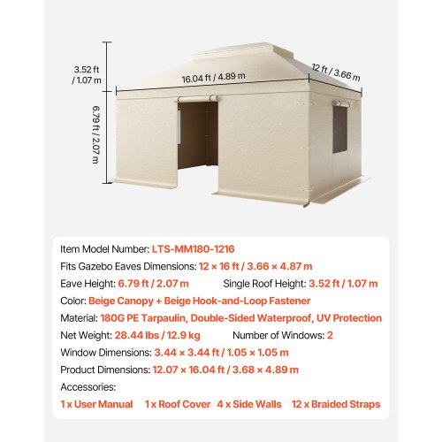 Vinterpaviljongöverdrag passar 3,66 x 4,87 m paviljonger med hård tak, allväderspaviljongöverdrag i dubbla nivåer med sidoväggar och fönster, högdensitets PE-slutet förvaringsskydd, paviljonger ingår ej |  EU