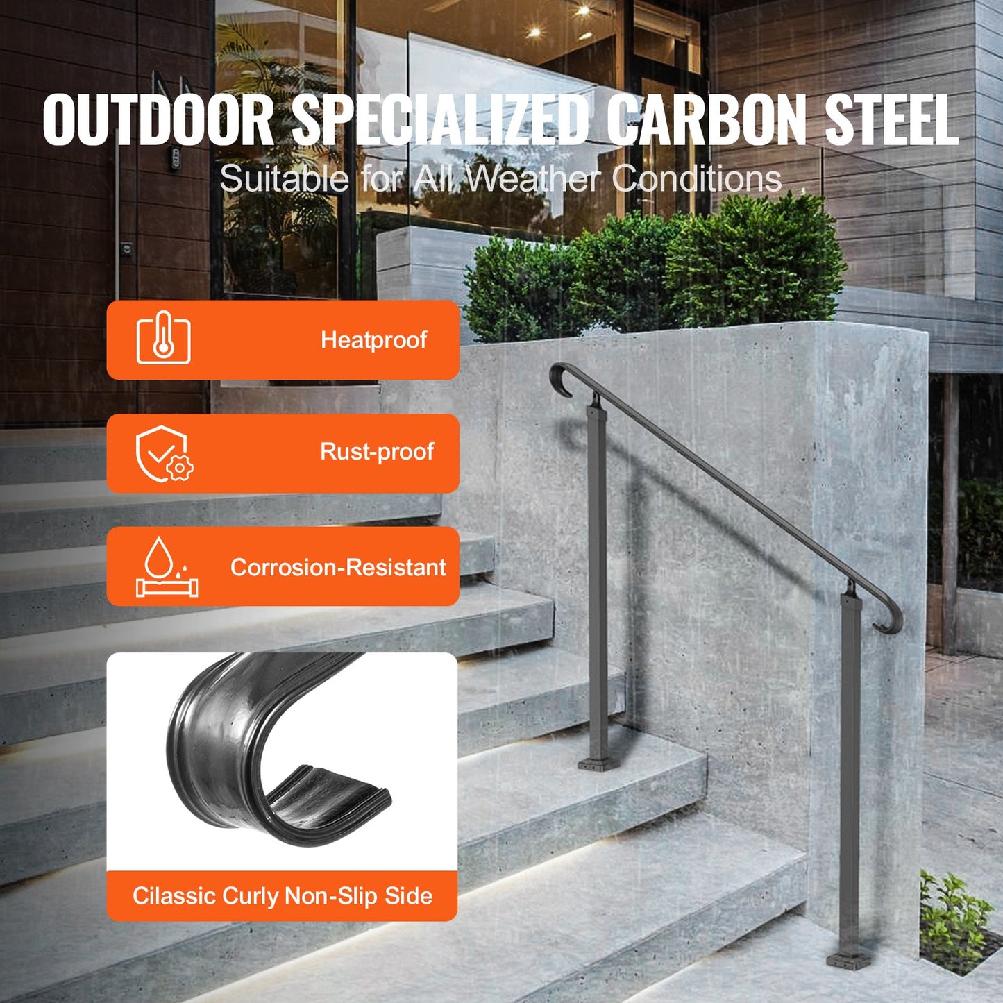 Handrails for Outdoor Steps, Fit 1-3 Steps Wrought Iron Handrail, Outdoor Stair Railing, Adjustable Front Porch Hand Rail, Black Transitional Hand railings for Concrete Steps or Wooden Stairs