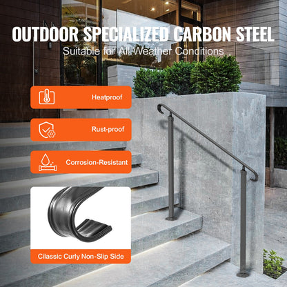 Handrails for Outdoor Steps, Fit 1-3 Steps Wrought Iron Handrail, Outdoor Stair Railing, Adjustable Front Porch Hand Rail, Black Transitional Hand railings for Concrete Steps or Wooden Stairs