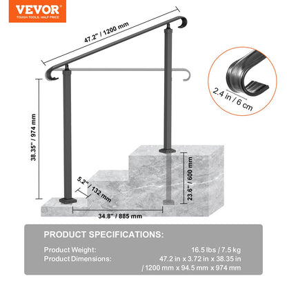 Handrails for Outdoor Steps, Fit 1-3 Steps Wrought Iron Handrail, Outdoor Stair Railing, Adjustable Front Porch Hand Rail, Black Transitional Hand railings for Concrete Steps or Wooden Stairs