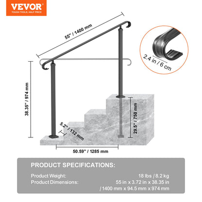 Handrails for Outdoor Steps, Fit 3-5 Steps Outdoor Stair Railing, Wrought Iron Handrail, Flexible Front Porch Hand Rail, Black Transitional Hand railings for Concrete Steps or Wooden Stairs
