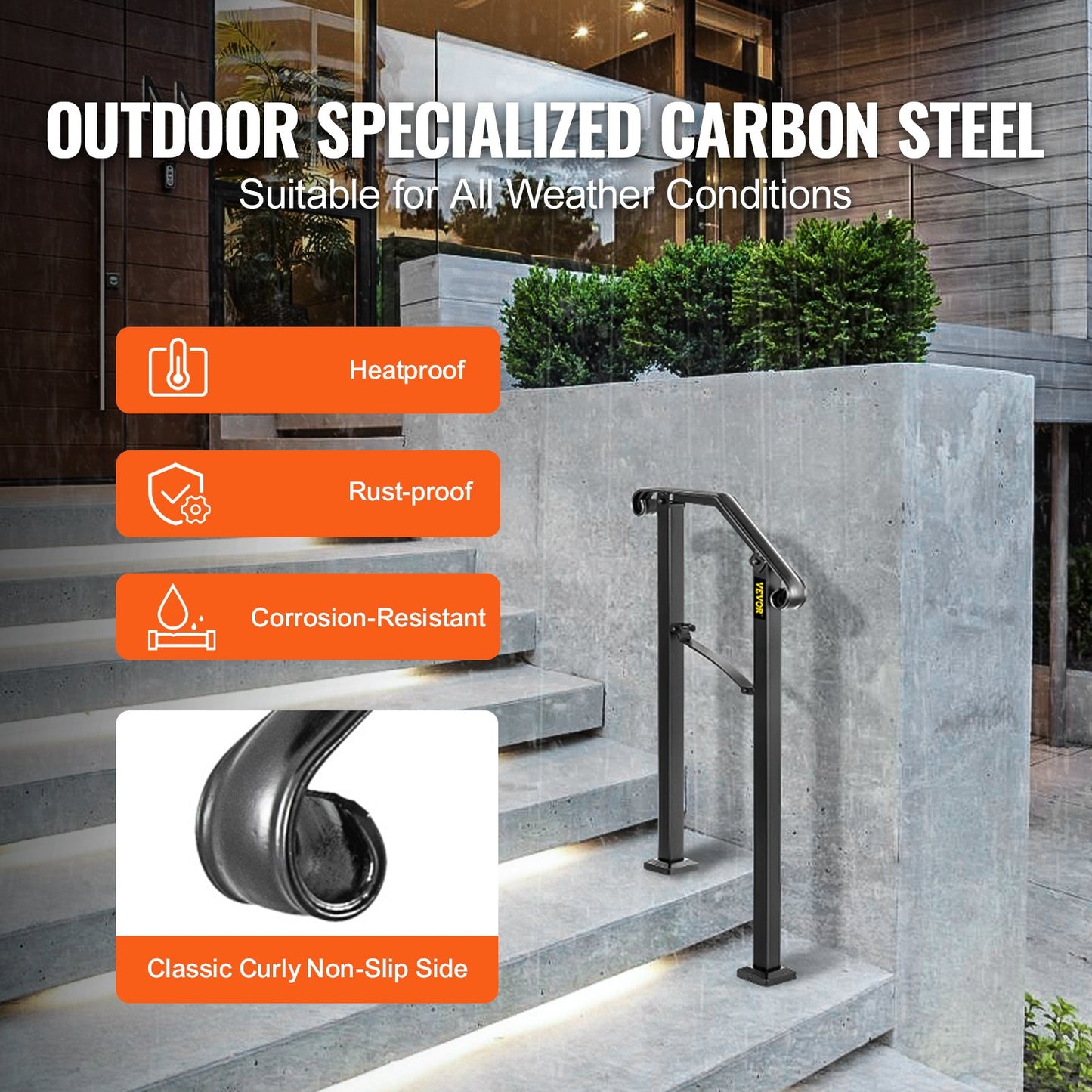 Handrails for Outdoor Steps, Fit 1 or 2 Steps Outdoor Stair Railing, Arch#1 Wrought Iron Handrail, Flexible Porch Railing, Black Transitional Handrails for Concrete Steps or Wooden Stairs