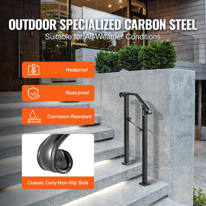 Handrails for Outdoor Steps, Fit 1 or 2 Steps Outdoor Stair Railing, Arch#1 Wrought Iron Handrail, Flexible Porch Railing, Black Transitional Handrails for Concrete Steps or Wooden Stairs