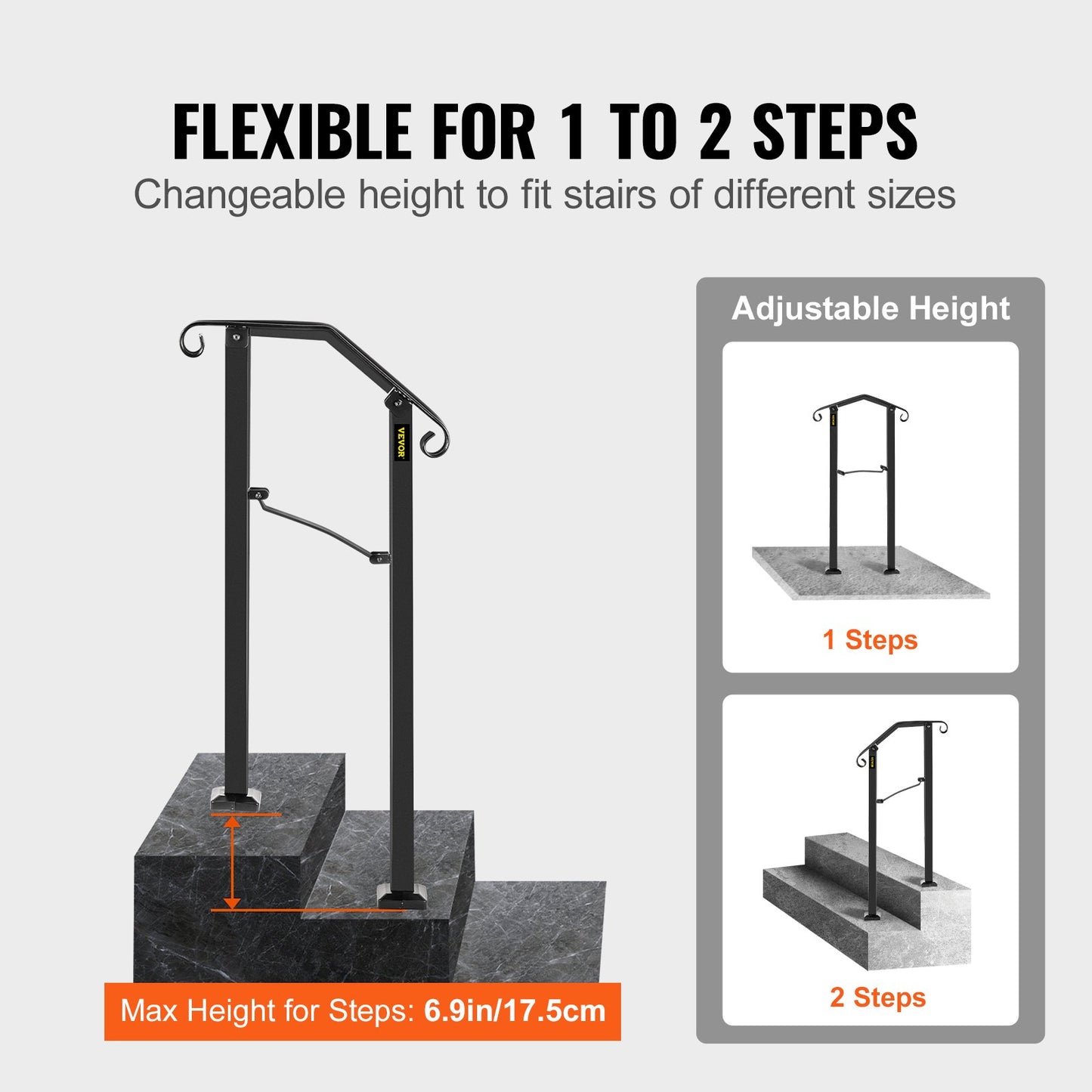 Handrails for Outdoor Steps, Fit 1 or 2 Steps Outdoor Stair Railing, Arch#1 Wrought Iron Handrail, Flexible Porch Railing, Black Transitional Handrails for Concrete Steps or Wooden Stairs