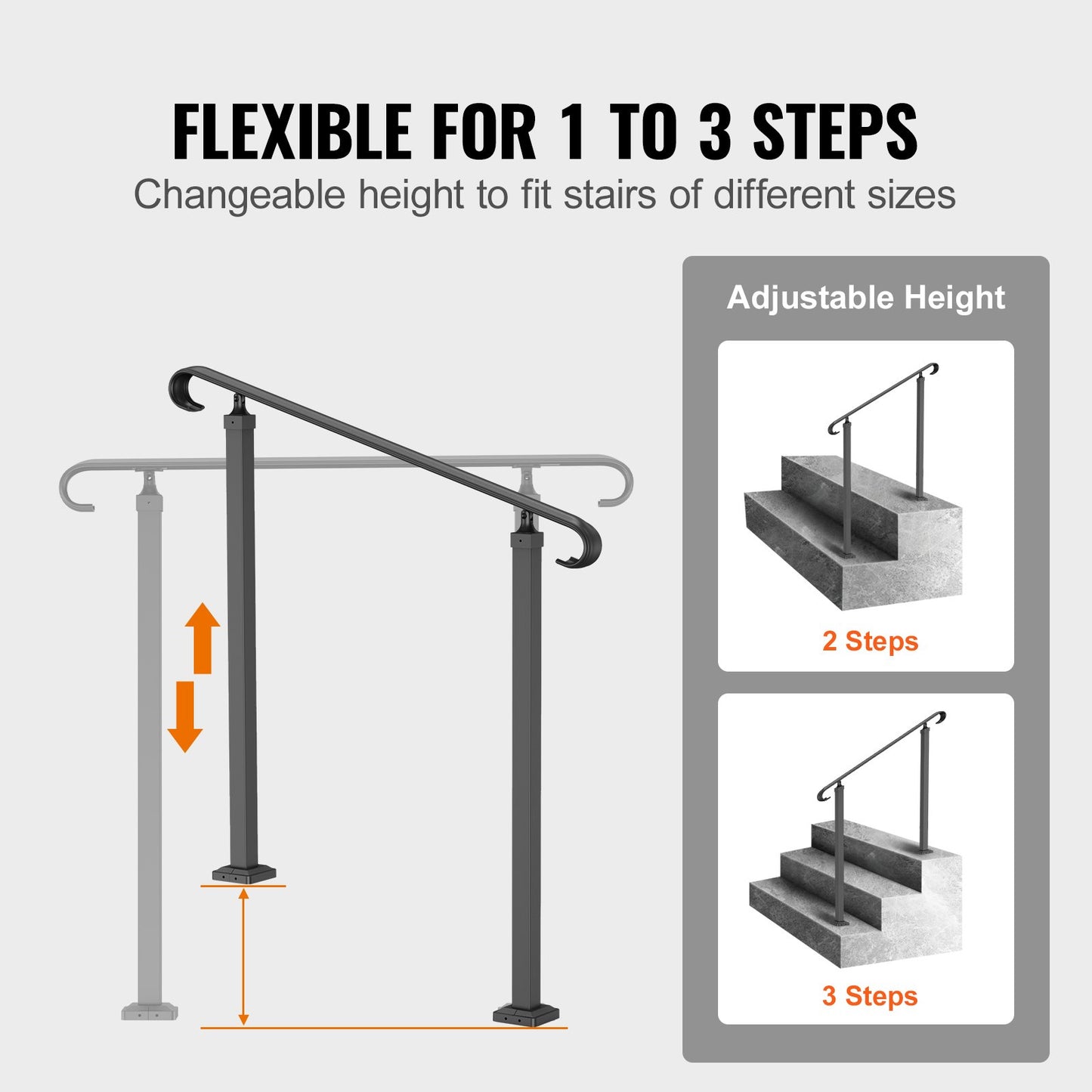 Schmiedeeisernes Geländer, passend für 1- oder 2-stufige Außentreppengeländer, verstellbarer Veranda-Handlauf, schwarzes Übergangsgeländer für Betontreppen oder Holztreppen mit Montagesatz