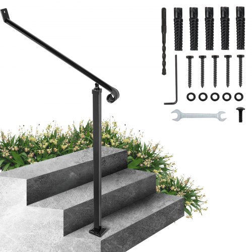 Handrails for Outdoor Steps 2-3 Step Railings Wrought Iron Handrail Stair Railings for Steps Black Iron Railings for Steps Wall and Floor Mounted with Installation Kit