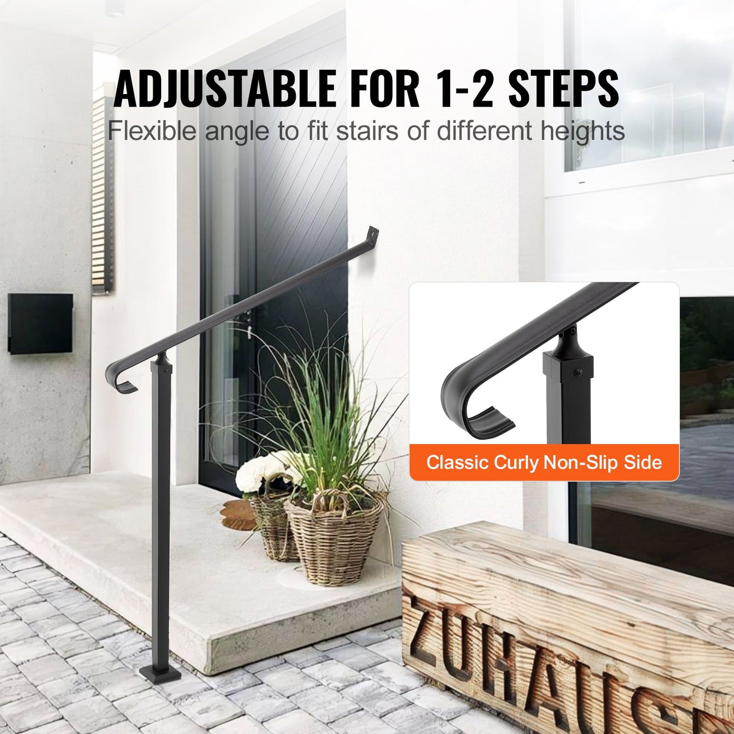 40 mm Rohrgeländer aus Schmiedeeisen, 2-stufiger Handlauf für Außentreppen, Handläufe, Gartengeländer, Außenhandlauf, Treppengeländer für Stufen mit verschraubtem Pfosten