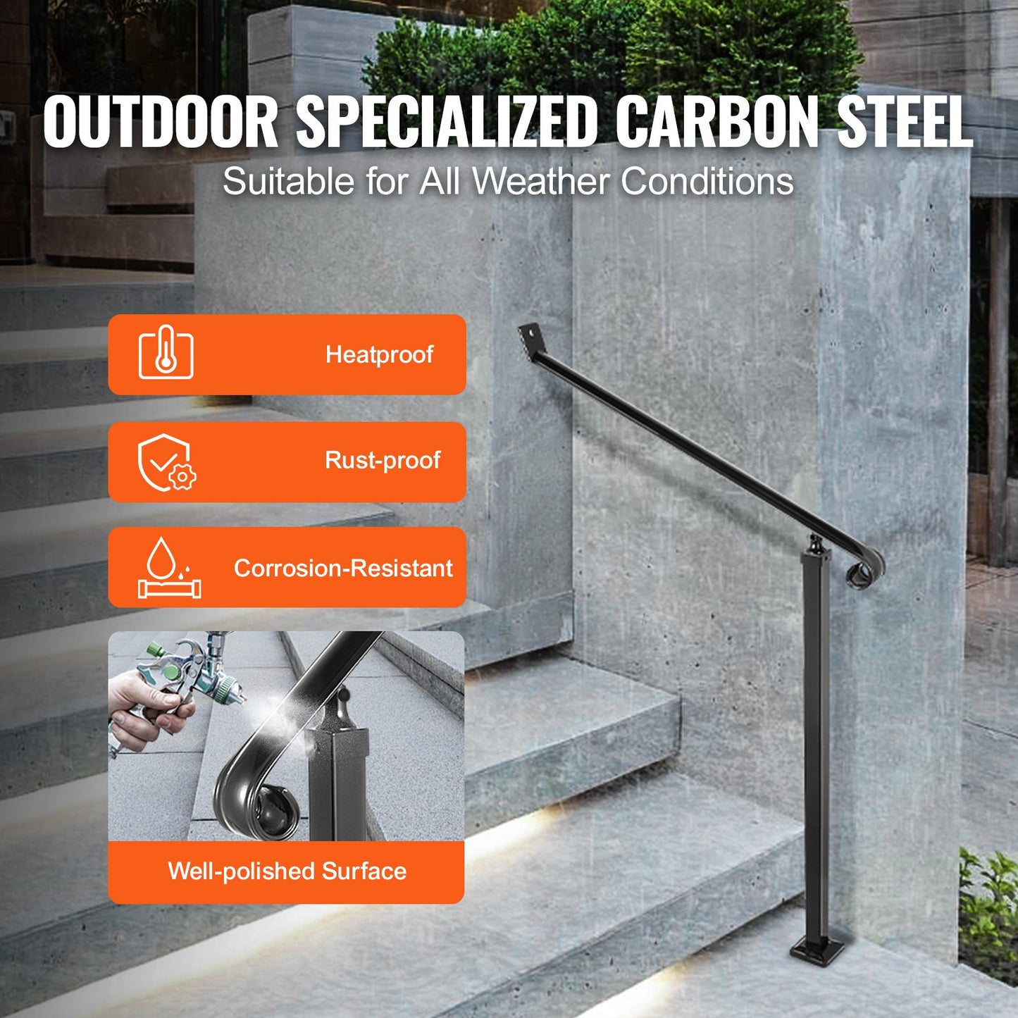 Handrails for Outdoor Steps 2-3 Step Railings Wrought Iron Handrail Stair Railings for Steps Black Iron Railings for Steps Wall and Floor Mounted with Installation Kit