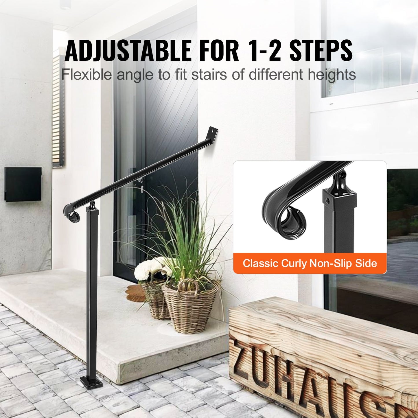 Handrails for Outdoor Steps 2-3 Step Railings Wrought Iron Handrail Stair Railings for Steps Black Iron Railings for Steps Wall and Floor Mounted with Installation Kit