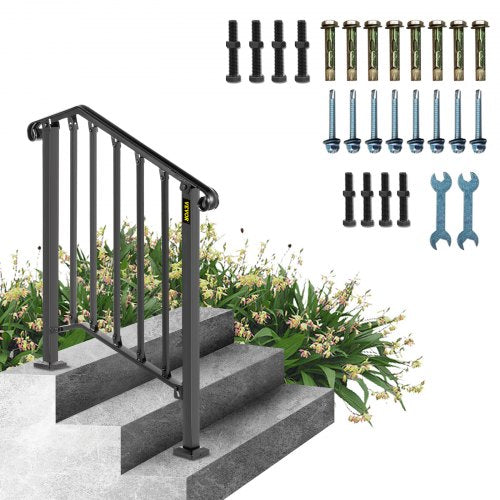 Handrails for Outdoor Steps, Fit 2 or 3 Steps Outdoor Stair Railing, Picket#2 Wrought Iron Handrail, Flexible Porch Railing, Black Transitional Handrails for Concrete Steps or Wooden Stairs
