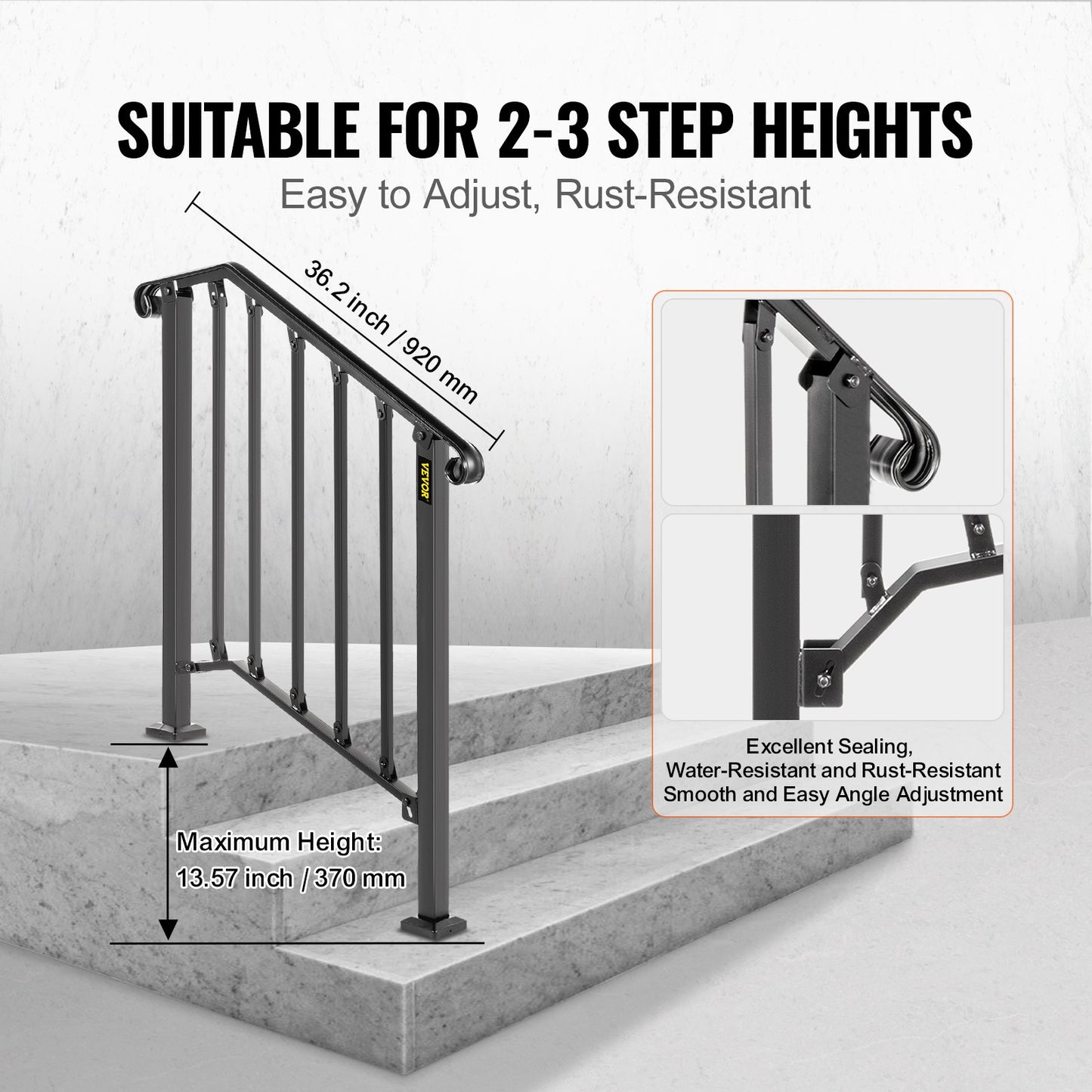 Handrails for Outdoor Steps, Fit 2 or 3 Steps Outdoor Stair Railing, Picket#2 Wrought Iron Handrail, Flexible Porch Railing, Black Transitional Handrails for Concrete Steps or Wooden Stairs