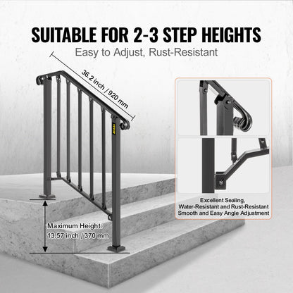 Handrails for Outdoor Steps, Fit 2 or 3 Steps Outdoor Stair Railing, Picket#2 Wrought Iron Handrail, Flexible Porch Railing, Black Transitional Handrails for Concrete Steps or Wooden Stairs