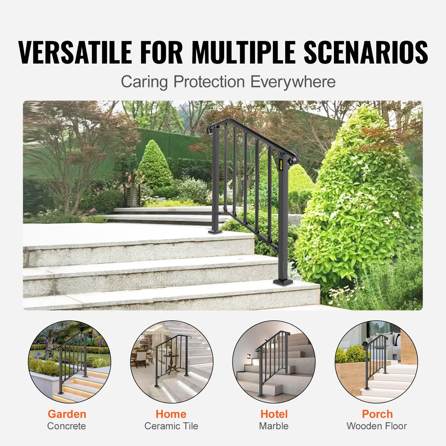 Handrails for Outdoor Steps, Fit 2 or 3 Steps Outdoor Stair Railing, Picket#2 Wrought Iron Handrail, Flexible Porch Railing, Black Transitional Handrails for Concrete Steps or Wooden Stairs