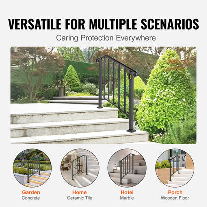 Handrails for Outdoor Steps, Fit 2 or 3 Steps Outdoor Stair Railing, Picket#2 Wrought Iron Handrail, Flexible Porch Railing, Black Transitional Handrails for Concrete Steps or Wooden Stairs