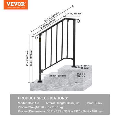 Handrails for Outdoor Steps, Fit 2 or 3 Steps Outdoor Stair Railing, Picket#2 Wrought Iron Handrail, Flexible Porch Railing, Black Transitional Handrails for Concrete Steps or Wooden Stairs