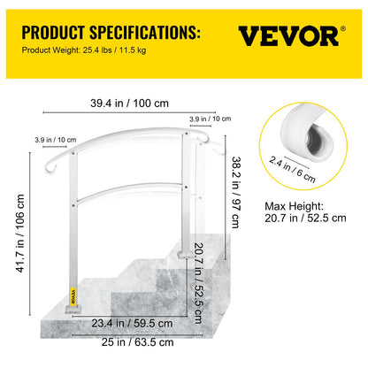 3-stufiger Handlauf für Außentreppen Passend für 1 oder 3 Stufen Mattweißes Treppengeländer Schmiedeeisengeländer mit Montagesatz Handläufe für Außentreppen