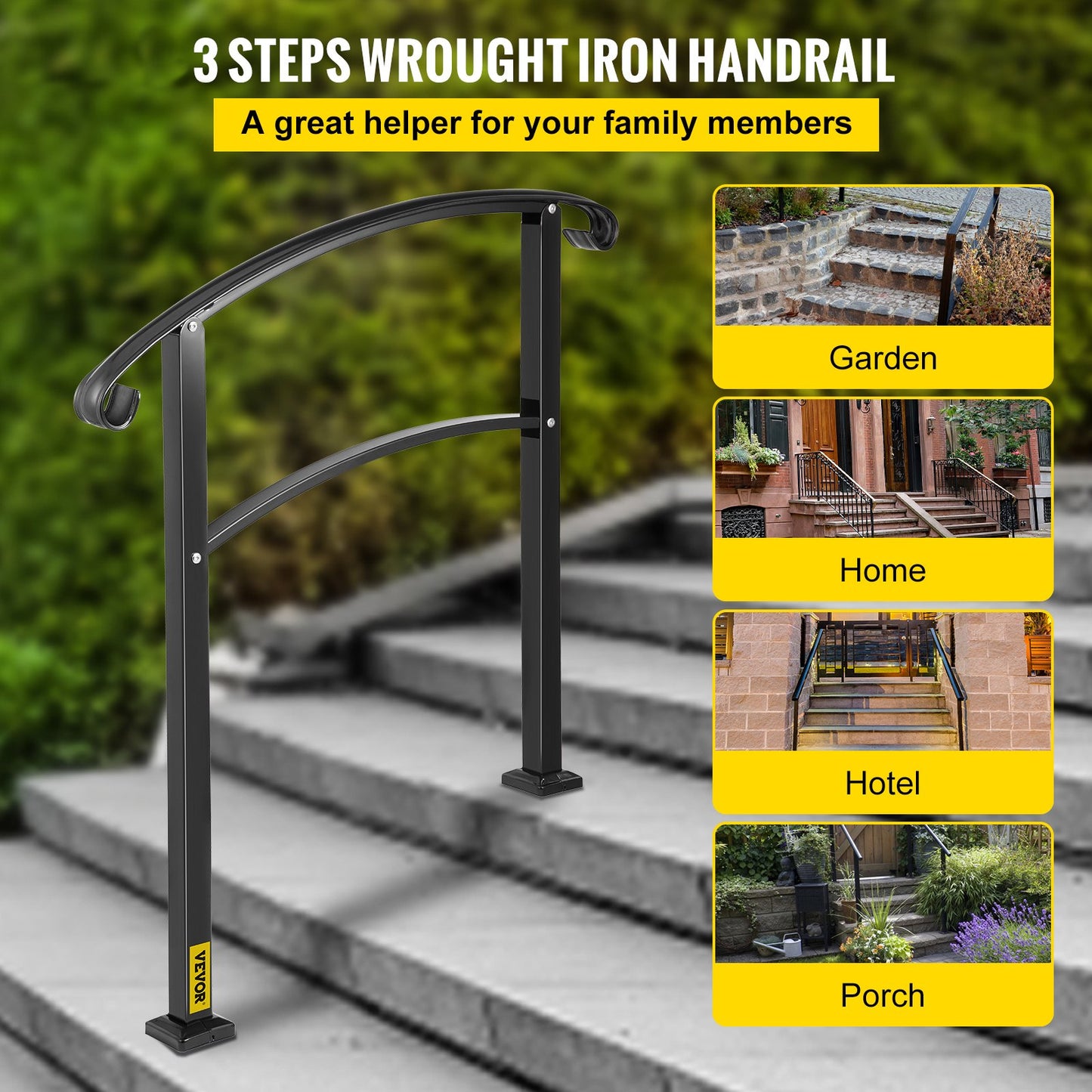 3-Step Transitional Handrail Fits 1 or 3 Steps Matte Stair Rail Wrought Iron Handrail with Installation Kit Hand Rails for Outdoor Steps (Unadjustable) (Black)
