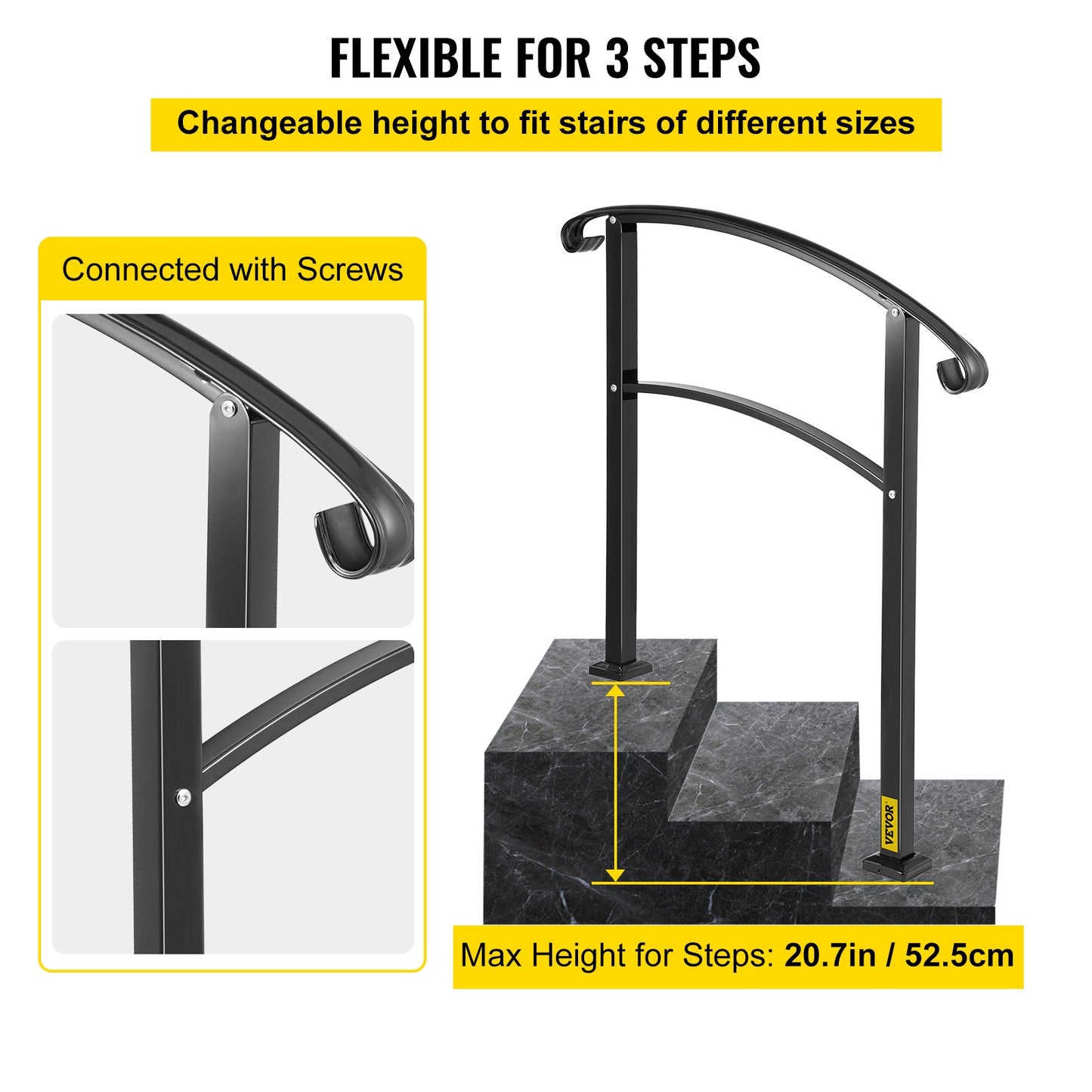 3-Step Transitional Handrail Fits 1 or 3 Steps Matte Stair Rail Wrought Iron Handrail with Installation Kit Hand Rails for Outdoor Steps (Unadjustable) (Black)