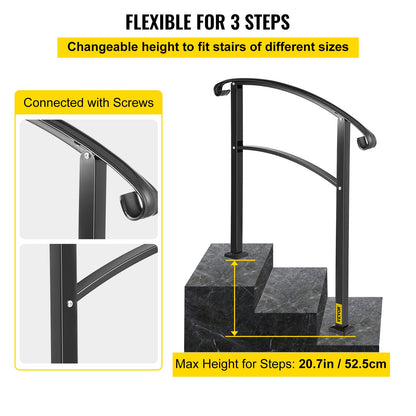 3-Step Transitional Handrail Fits 1 or 3 Steps Matte Stair Rail Wrought Iron Handrail with Installation Kit Hand Rails for Outdoor Steps (Unadjustable) (Black)