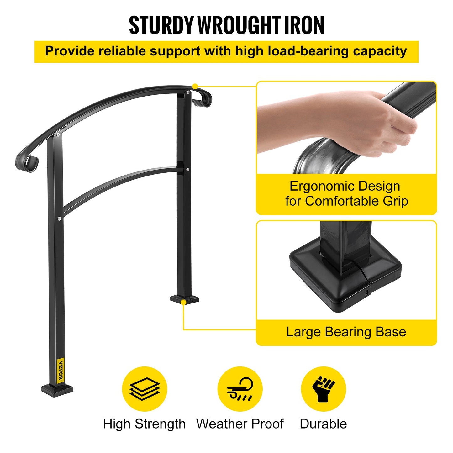 3-Step Transitional Handrail Fits 1 or 3 Steps Matte Stair Rail Wrought Iron Handrail with Installation Kit Hand Rails for Outdoor Steps (Unadjustable) (Black)